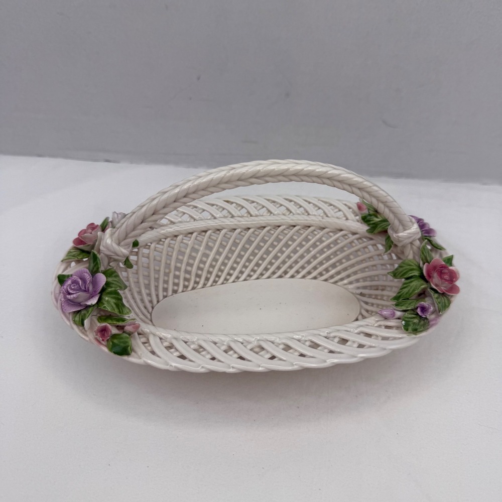 Levante Made in Spain Porcelain Basket Pink Roses Floral Lattice Capodimonte